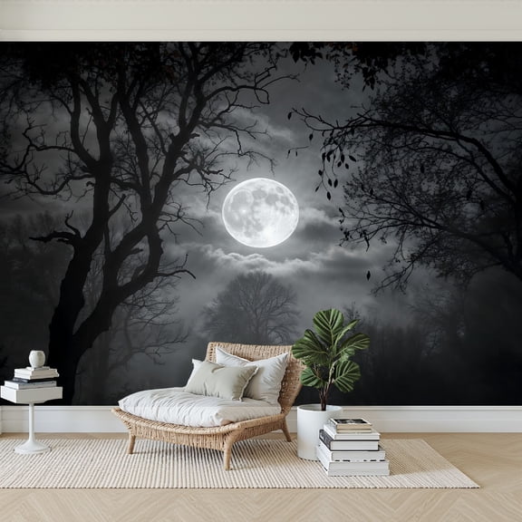 Wallpaper Full Moon Misty Forest Bare Trees Cloudy Night Sky Peel and Stick Wall Murals 69"H x 96"W Removable PVC Wall Paper Self-Adhesive Wall Paintings Art Decor for Bedroom Living Room