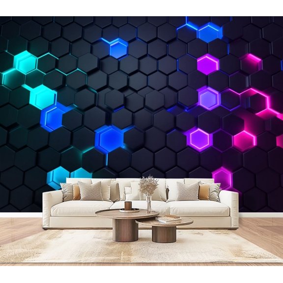 Wallpaper Futuristic Neon Hexagon Grid Blue Purple Glow Geometric Peel and Stick Wall Murals 100"H x 144"W Removable PVC Wall Paper Self-Adhesive Wall Paintings Art Decor for Bedroom Living Room