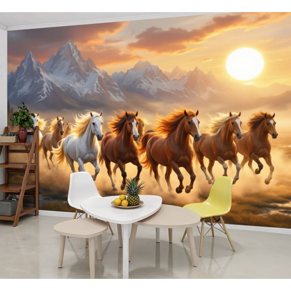 Wallpaper Galloping Horses Sunset Majestic Mountain Landscape Peel and Stick Wall Murals 69"H x 96"W Removable PVC Wall Paper Self-Adhesive Wall Paintings Art Decor for Bedroom Living Room