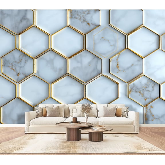 Wallpaper Geometric Hexagon Hexagonal Shapes Golden Lines White Repeating Peel and Stick Wall Murals 100"H x 144"W Removable PVC Wall Paper Self-Adhesive Wall Paintings Art for Bedroom Living Room