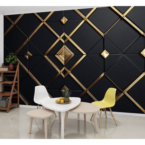 Wallpaper Gold Lines Black Interlocking Squares Diamonds Peel and Stick Wall Murals 69"H x 96"W Removable PVC Wall Paper Self-Adhesive Wall Paintings Art Decor for Bedroom Living Room