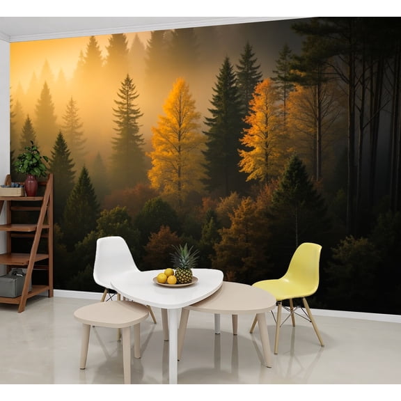 Wallpaper Golden Autumn Forest Morning Mist Sunlight Filtering Peel and Stick Wall Murals 69"H x 96"W Removable PVC Wall Paper Self-Adhesive Wall Paintings Art Decor for Bedroom Living Room