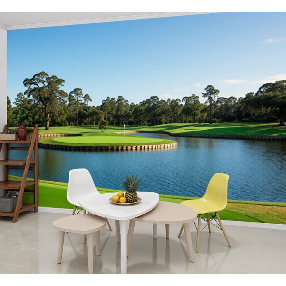 Wallpaper Golf Course Water Greenery Clear Sky Smooth Water Surface Peel and Stick Wall Murals 69"H x 96"W Removable PVC Wall Paper Self-Adhesive Wall Paintings Art Decor for Bedroom Living Room