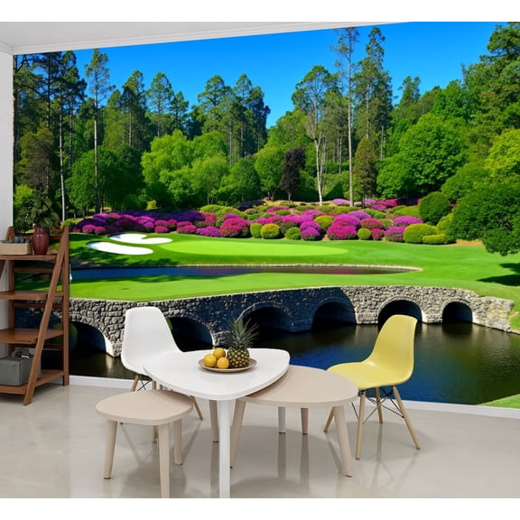 Wallpaper Golf Stone bridge Flowing water Green grass Flowering shrubs Peel and Stick Wall Murals 69"H x 96"W Removable PVC Wall Paper Self-Adhesive Wall Paintings Art Decor for Bedroom Living Room