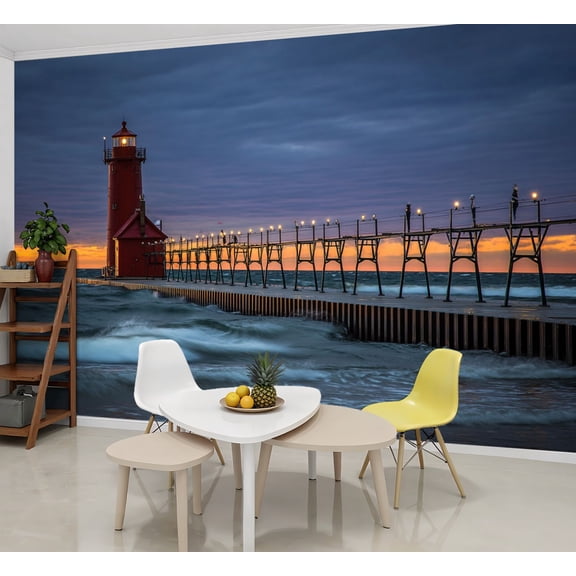 Wallpaper Grand Haven Lighthouse Peel and Stick Wall Murals 69"H x 96"W Removable PVC Wall Paper Self-Adhesive Wall Paintings Art Decor for Bedroom Living Room
