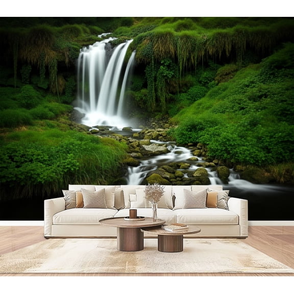Wallpaper Green Forest Waterfall Flowing Stream Mossy Rocks Jungle Peel and Stick Wall Murals 100"H x 144"W Removable PVC Wall Paper Self-Adhesive Wall Paintings Art Decor for Bedroom Living Room