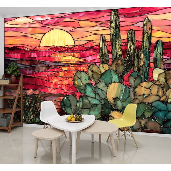 Wallpaper Handcrafted Stained Glass Sunset Scene Bold Colors Peel and Stick Wall Murals 69"H x 96"W Removable PVC Wall Paper Self-Adhesive Wall Paintings Art Decor for Bedroom Living Room