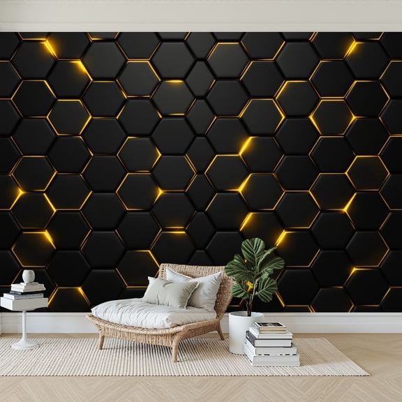 Wallpaper Hexagon Honeycomb Geometric Black Gold Metallic Glow Modern Peel and Stick Wall Murals 69"H x 96"W Removable PVC Wall Paper Self-Adhesive Wall Paintings Art Decor for Bedroom Living Room
