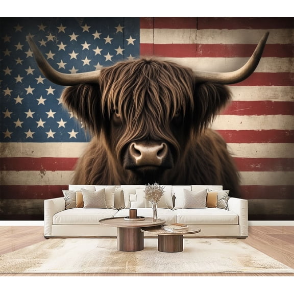 Wallpaper Highland Cow Vintage American Flag Rustic Patriotic Peel and Stick Wall Murals 100"H x 144"W Removable PVC Wall Paper Self-Adhesive Wall Paintings Art Decor for Bedroom Living Room