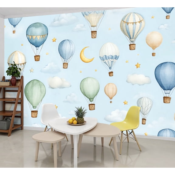 Wallpaper Hot Air Balloons Pastel Sky Clouds Stars Moon Nursery Peel and Stick Wall Murals 69"H x 96"W Removable PVC Wall Paper Self-Adhesive Wall Paintings Art Decor for Bedroom Living Room