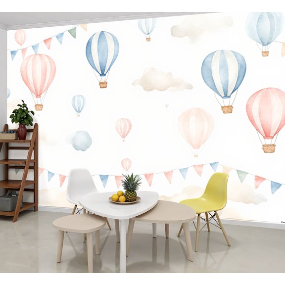 Wallpaper Hot Air Balloons Watercolor Pastel Clouds Bunting Flags Peel and Stick Wall Murals 69"H x 96"W Removable PVC Wall Paper Self-Adhesive Wall Paintings Art Decor for Bedroom Living Room