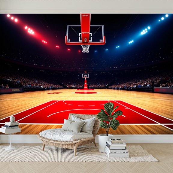 Wallpaper Indoor Basketball Court Wooden Floor Stadium Lighting Peel and Stick Wall Murals 69"H x 96"W Removable PVC Wall Paper Self-Adhesive Wall Paintings Art Decor for Bedroom Living Room