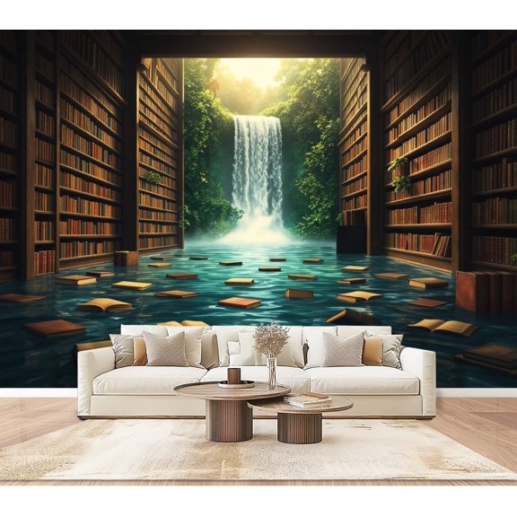 Wallpaper Library Floating Books Waterfall Fantasy Bookworm Gifts Peel and Stick Wall Murals 100"H x 144"W Removable PVC Wall Paper Self-Adhesive Wall Paintings Art Decor for Bedroom Living Room