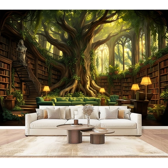 Wallpaper Library Interior Giant Tree Sunlit Windows Cozy Seating Peel and Stick Wall Murals 100"H x 144"W Removable PVC Wall Paper Self-Adhesive Wall Paintings Art Decor for Bedroom Living Room