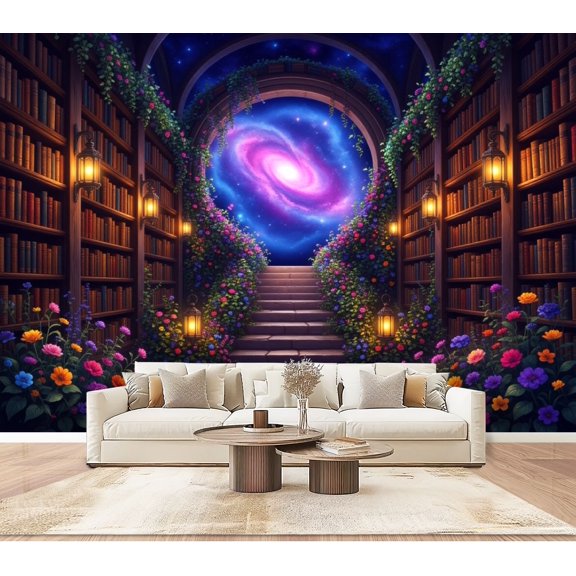 Wallpaper Library Spiral Galaxy Flower Garden Librarian Bookworm Gifts Peel and Stick Wall Murals 100"H x 144"W Removable PVC Wall Paper Self-Adhesive Wall Paintings Art Decor for Bedroom Living Room