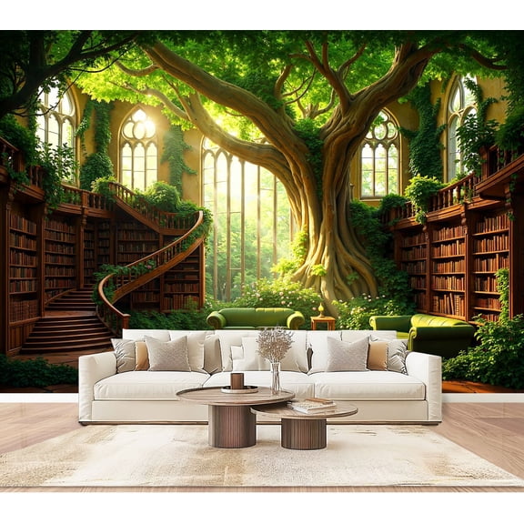 Wallpaper Library Tree Sunlit Windows Greenery Bookworm Gifts Fantasy Peel and Stick Wall Murals 100"H x 144"W Removable PVC Wall Paper Self-Adhesive Wall Paintings Art Decor for Bedroom Living Room