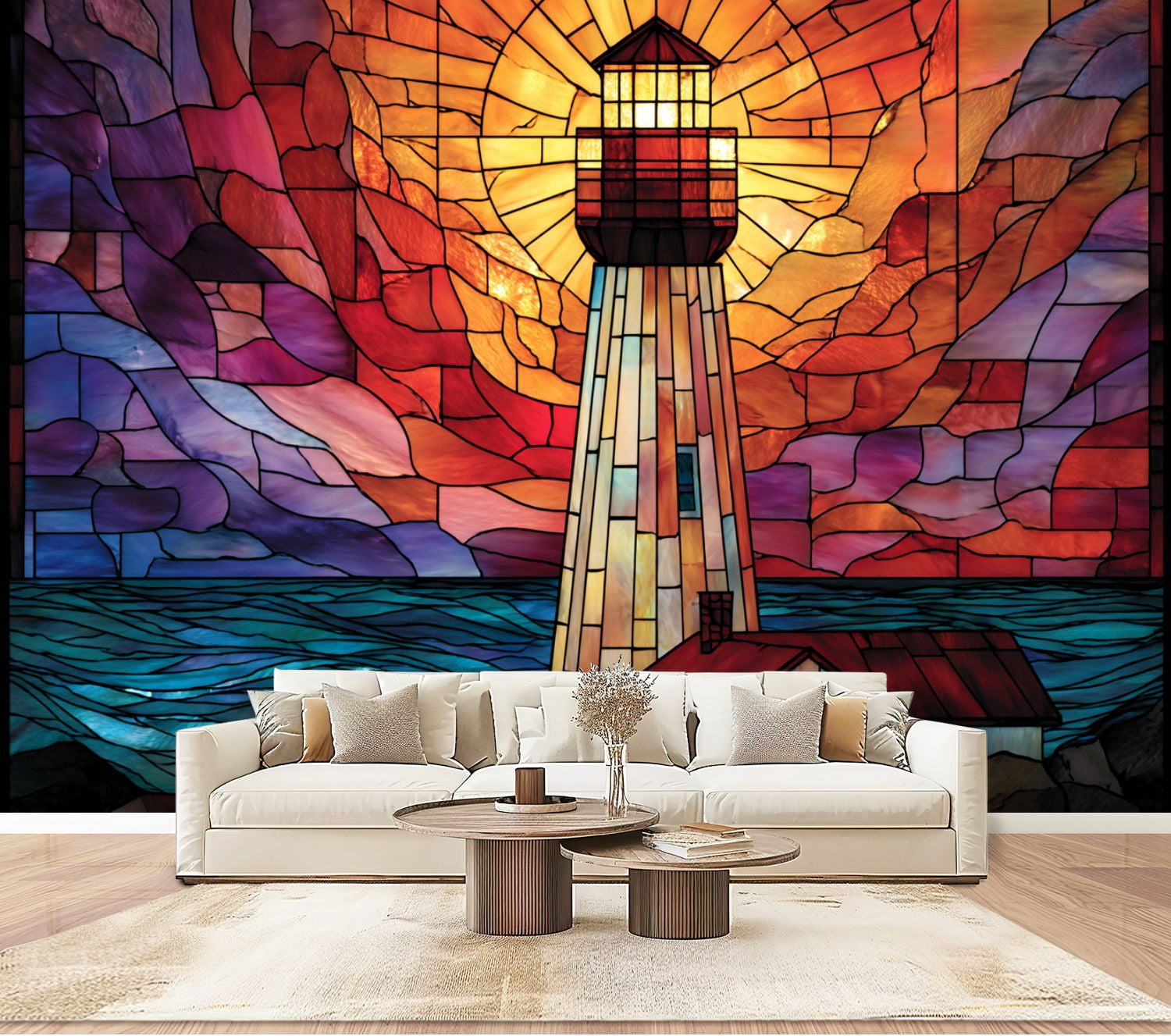 Wallpaper Lighthouse Themed Stained Glass Window Panel Peel and Stick ...