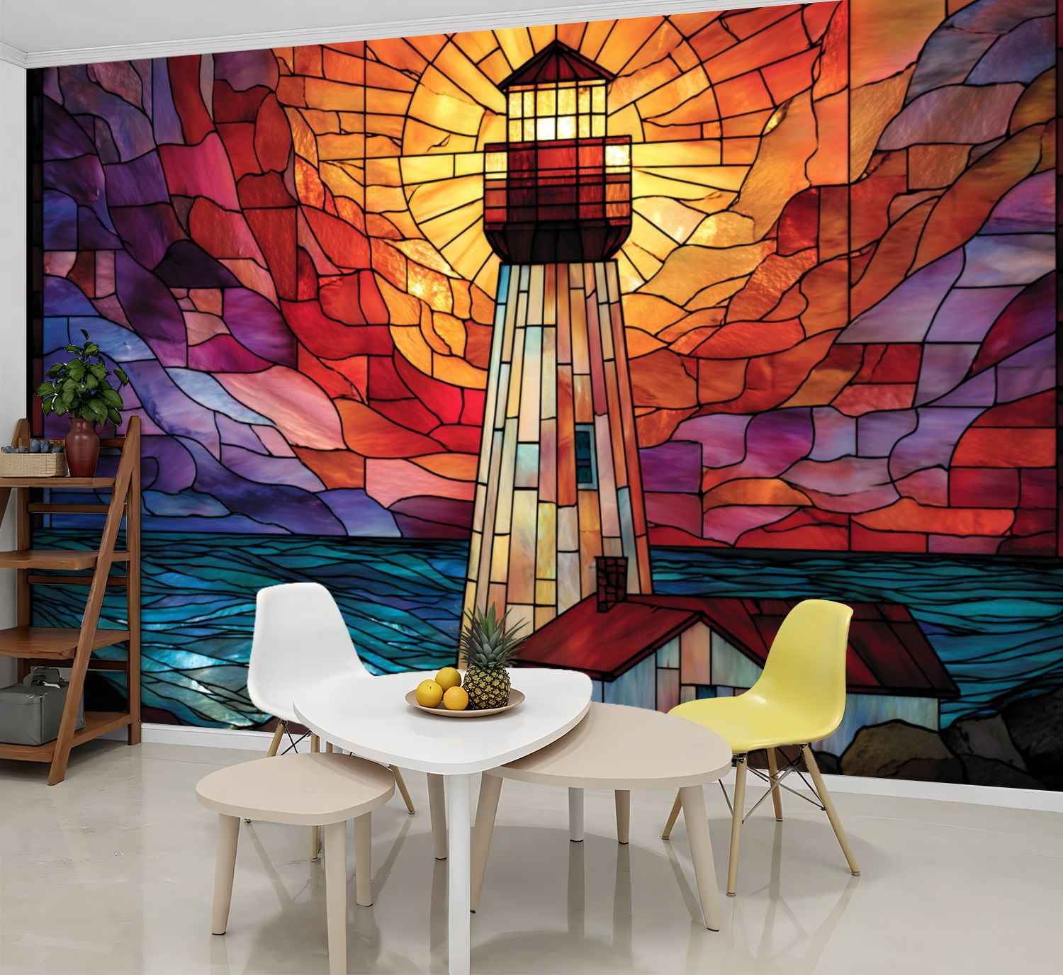 Wallpaper Lighthouse Themed Stained Glass Window Panel Peel and Stick Wall Murals 69"H x 96"W Removable PVC Wall Paper Self-Adhesive Wall Paintings Art Decor for Bedroom Living Room