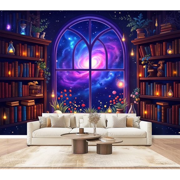 Wallpaper Magical Cosmic Library Starry Night Sky Glowing Lanterns Peel and Stick Wall Murals 100"H x 144"W Removable PVC Wall Paper Self-Adhesive Wall Paintings Art Decor for Bedroom Living Room