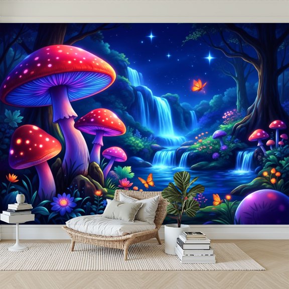 Wallpaper Magical Fantasy Forest Glowing Mushrooms Waterfalls Peel and Stick Wall Murals 69"H x 96"W Removable PVC Wall Paper Self-Adhesive Wall Paintings Art Decor for Bedroom Living Room