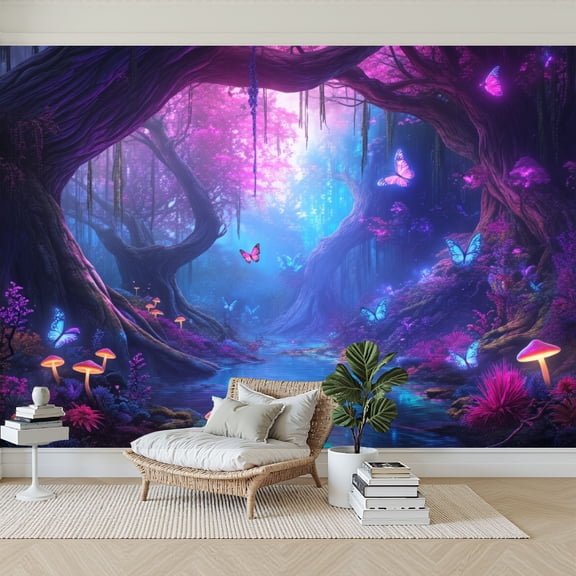 Wallpaper Magical Fantasy Trees Butterfly Mushroom Floral Plants Peel and Stick Wall Murals 69"H x 96"W Removable PVC Wall Paper Self-Adhesive Wall Paintings Art Decor for Bedroom Living Room