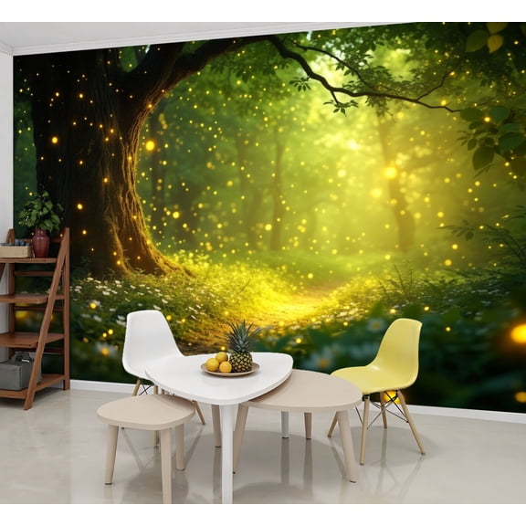 Wallpaper Magical Forest Fireflies Sunlight Trees Peel and Stick Wall Murals 69"H x 96"W Removable PVC Wall Paper Self-Adhesive Wall Paintings Art Decor for Bedroom Living Room