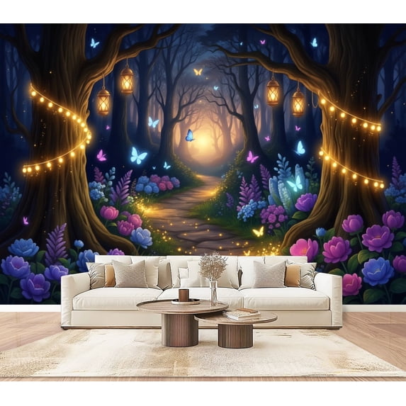 Wallpaper Magical Forest Glowing Lanterns Butterflies Colorful Peel and Stick Wall Murals 100"H x 144"W Removable PVC Wall Paper Self-Adhesive Wall Paintings Art Decor for Bedroom Living Room