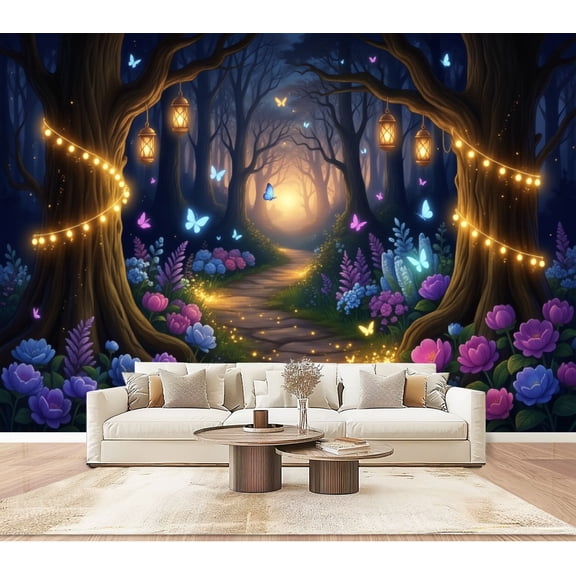 Wallpaper Magical Forest Glowing Lanterns Butterflies Colorful Peel and Stick Wall Murals 100"H x 144"W Removable PVC Wall Paper Self-Adhesive Wall Paintings Art Decor for Bedroom Living Room