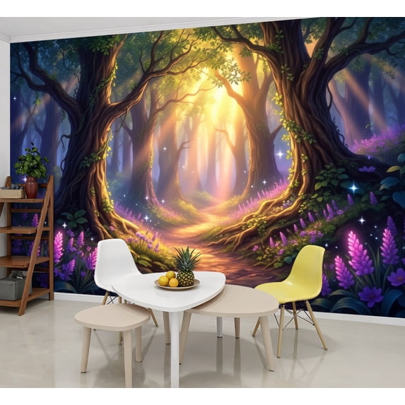 Wallpaper Magical Forest Glowing Light Purple Flowers Peel and Stick Wall Murals 69"H x 96"W Removable PVC Wall Paper Self-Adhesive Wall Paintings Art Decor for Bedroom Living Room