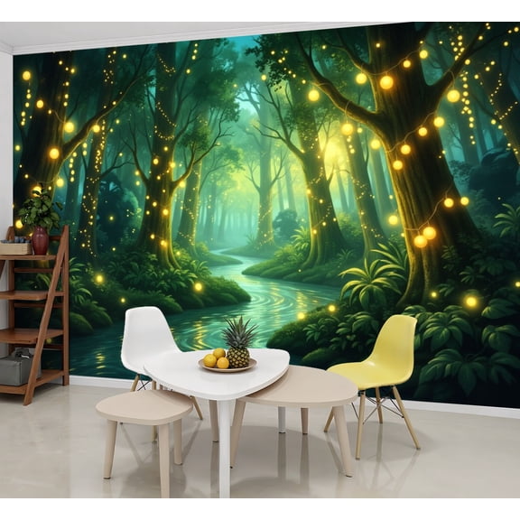 Wallpaper Magical Forest Glowing Lights Flowing Stream Peel and Stick Wall Murals 69"H x 96"W Removable PVC Wall Paper Self-Adhesive Wall Paintings Art Decor for Bedroom Living Room
