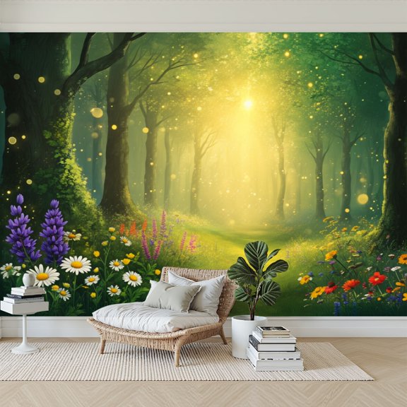 Wallpaper Magical Forest Glowing Lights Vibrant Flowers Fantasy Woodland Peel and Stick Wall Murals 69"H x 96"W Removable PVC Wall Paper Self-Adhesive Wall Paintings Art for Bedroom Living Room
