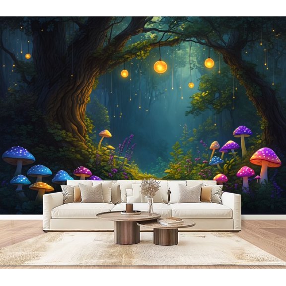 Wallpaper Magical Forest Glowing Mushrooms Twinkling Fantasy Woodland Peel and Stick Wall Murals 100"H x 144"W Removable PVC Wall Paper Self-Adhesive Wall Paintings Art for Bedroom Living Room