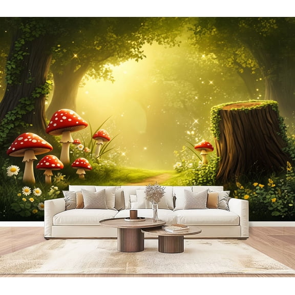 Wallpaper Magical Forest Red Mushrooms Glowing Light Woodland Vintage Peel and Stick Wall Murals 100"H x 144"W Removable PVC Wall Paper Self-Adhesive Wall Paintings Art Decor for Bedroom Living Room