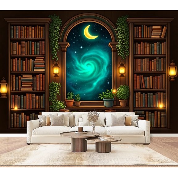 Wallpaper Magical Library Bookshelf Night Sky Crescent Moon Lanterns Peel and Stick Wall Murals 100"H x 144"W Removable PVC Wall Paper Self-Adhesive Wall Paintings Art Decor for Bedroom Living Room