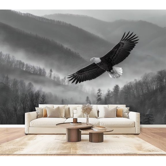 Wallpaper Majestic Eagle Soaring Misty Smoky Mountains Black White Peel and Stick Wall Murals 100"H x 144"W Removable PVC Wall Paper Self-Adhesive Wall Paintings Art Decor for Bedroom Living Room