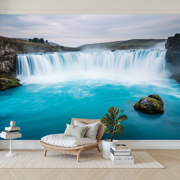 Wallpaper Majestic Waterfall Turquoise Rapids Rocky Cliffs Cloudy Sky Peel and Stick Wall Murals 69"H x 96"W Removable PVC Wall Paper Self-Adhesive Wall Paintings Art Decor for Bedroom Living Room