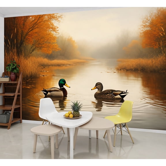 Wallpaper Mallard Ducks Autumn Wetland Golden Reeds Calm Water Peel and Stick Wall Murals 69"H x 96"W Removable PVC Wall Paper Self-Adhesive Wall Paintings Art Decor for Bedroom Living Room