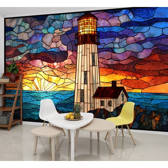 Wallpaper Maritime Stained Glass Artwork Peel and Stick Wall Murals 69"H x 96"W Removable PVC Wall Paper Self-Adhesive Wall Paintings Art Decor for Bedroom Living Room