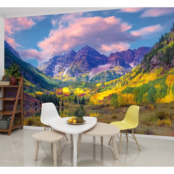 Wallpaper Maroon Bells autumn aspen trees lake reflections Aspen Peel and Stick Wall Murals 69"H x 96"W Removable PVC Wall Paper Self-Adhesive Wall Paintings Art Decor for Bedroom Living Room