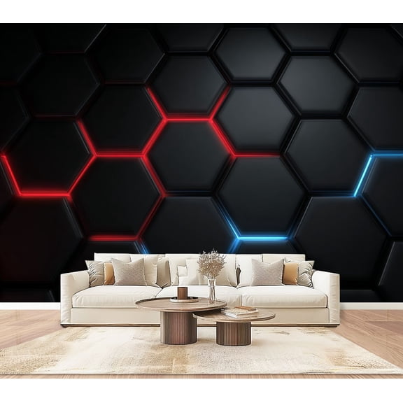 Wallpaper Matte Black 3D Hexagonal Wall Panels Neon Blue Red Peel and Stick Wall Murals 100"H x 144"W Removable PVC Wall Paper Self-Adhesive Wall Paintings Art Decor for Bedroom Living Room