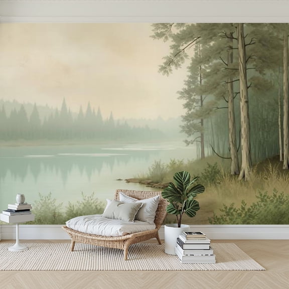Wallpaper Misty Forest Landscape Calm River Tall Pine Trees Peel and Stick Wall Murals 69"H x 96"W Removable PVC Wall Paper Self-Adhesive Wall Paintings Art Decor for Bedroom Living Room