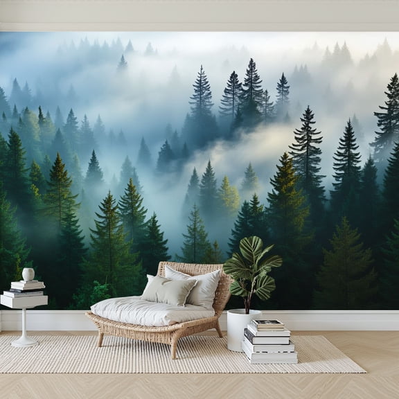 Wallpaper Misty Forest Landscape Evergreen Trees Soft Morning Fog Peel and Stick Wall Murals 69"H x 96"W Removable PVC Wall Paper Self-Adhesive Wall Paintings Art Decor for Bedroom Living Room