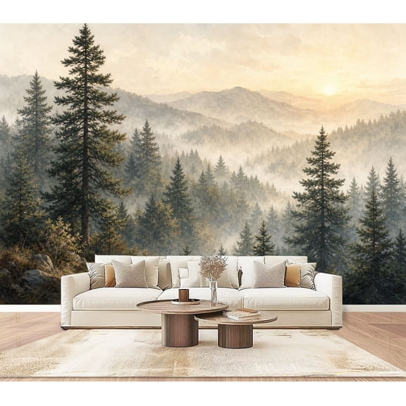 Wallpaper Misty Forest Landscape Pine Trees Sunrise Rolling Hills Peel and Stick Wall Murals 100"H x 144"W Removable PVC Wall Paper Self-Adhesive Wall Paintings Art Decor for Bedroom Living Room