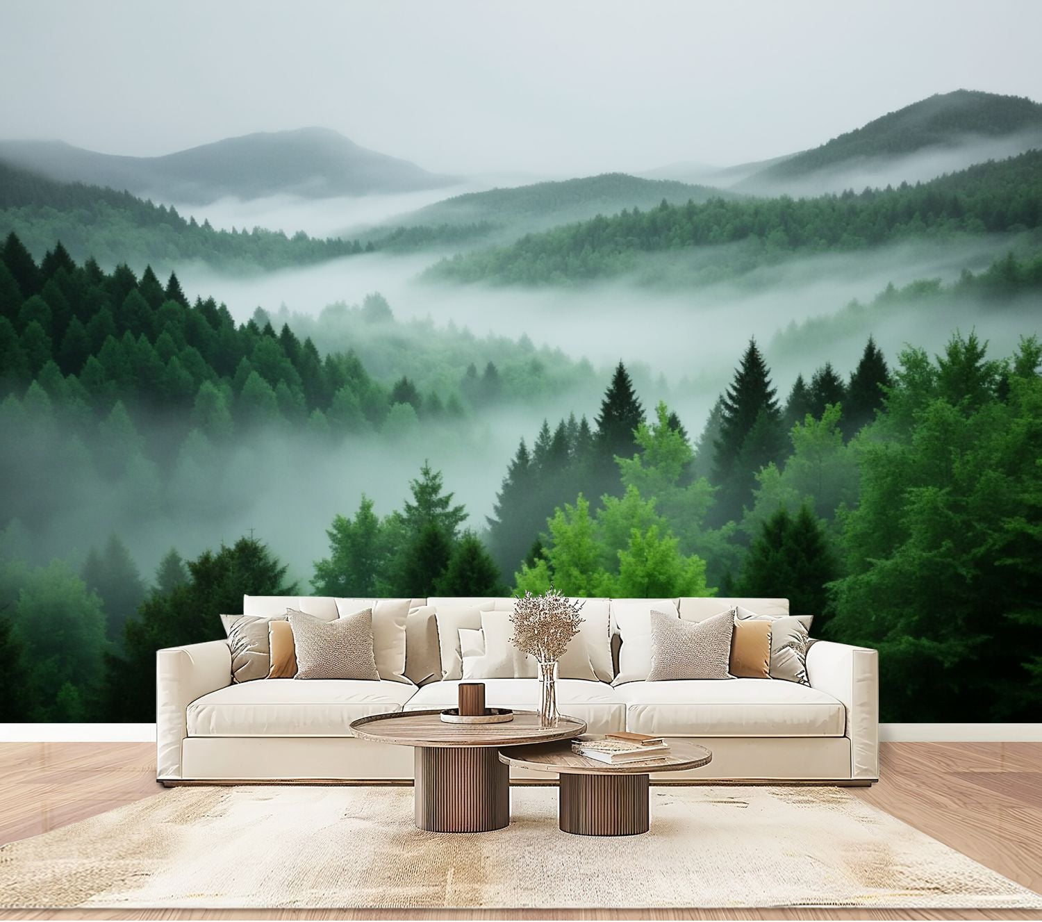 Wallpaper Misty Mountain Forest Landscape Layered Pine Trees Soft Peel ...