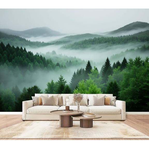 Wallpaper Misty Mountain Forest Landscape Layered Pine Trees Soft Peel and Stick Wall Murals 100"H x 144"W Removable PVC Wall Paper Self-Adhesive Wall Paintings Art Decor for Bedroom Living Room