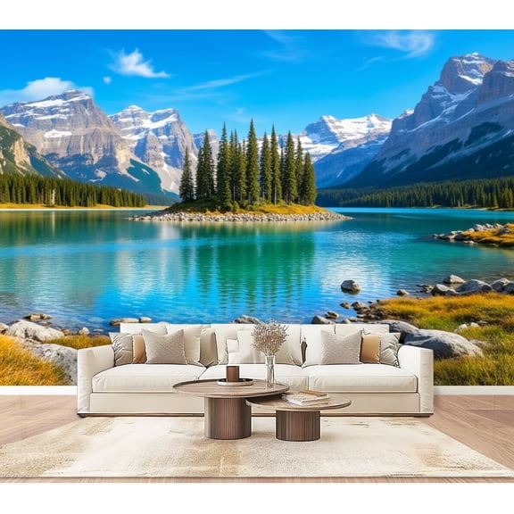Wallpaper Mountain Lake Pine Tree Island Turquoise Water Peaceful Peel and Stick Wall Murals 100"H x 144"W Removable PVC Wall Paper Self-Adhesive Wall Paintings Art Decor for Bedroom Living Room
