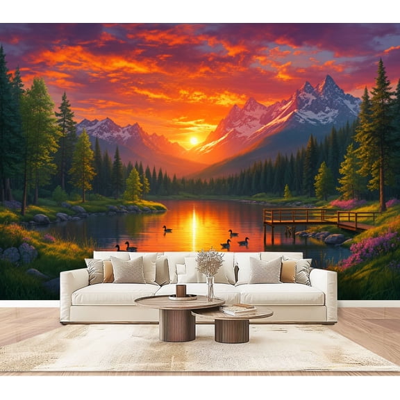 Wallpaper Mountain Lake Sunset Pine Forest Ducks Wooden Dock Peel and Stick Wall Murals 100"H x 144"W Removable PVC Wall Paper Self-Adhesive Wall Paintings Art Decor for Bedroom Living Room