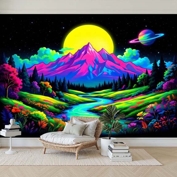 Wallpaper Mountain Landscape River Neon Flowers Galactic Sky Colorful Peel and Stick Wall Murals 69"H x 96"W Removable PVC Wall Paper Self-Adhesive Wall Paintings Art Decor for Bedroom Living Room