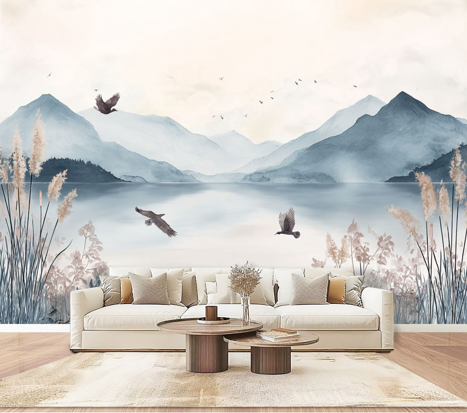 Wallpaper Mountain Peak Lake Wall Mural Tall Reeds Mountains Peel and Stick Wall Murals 100"H x 144"W Removable PVC Wall Paper Self-Adhesive Wall Paintings Art Decor for Bedroom Living Room