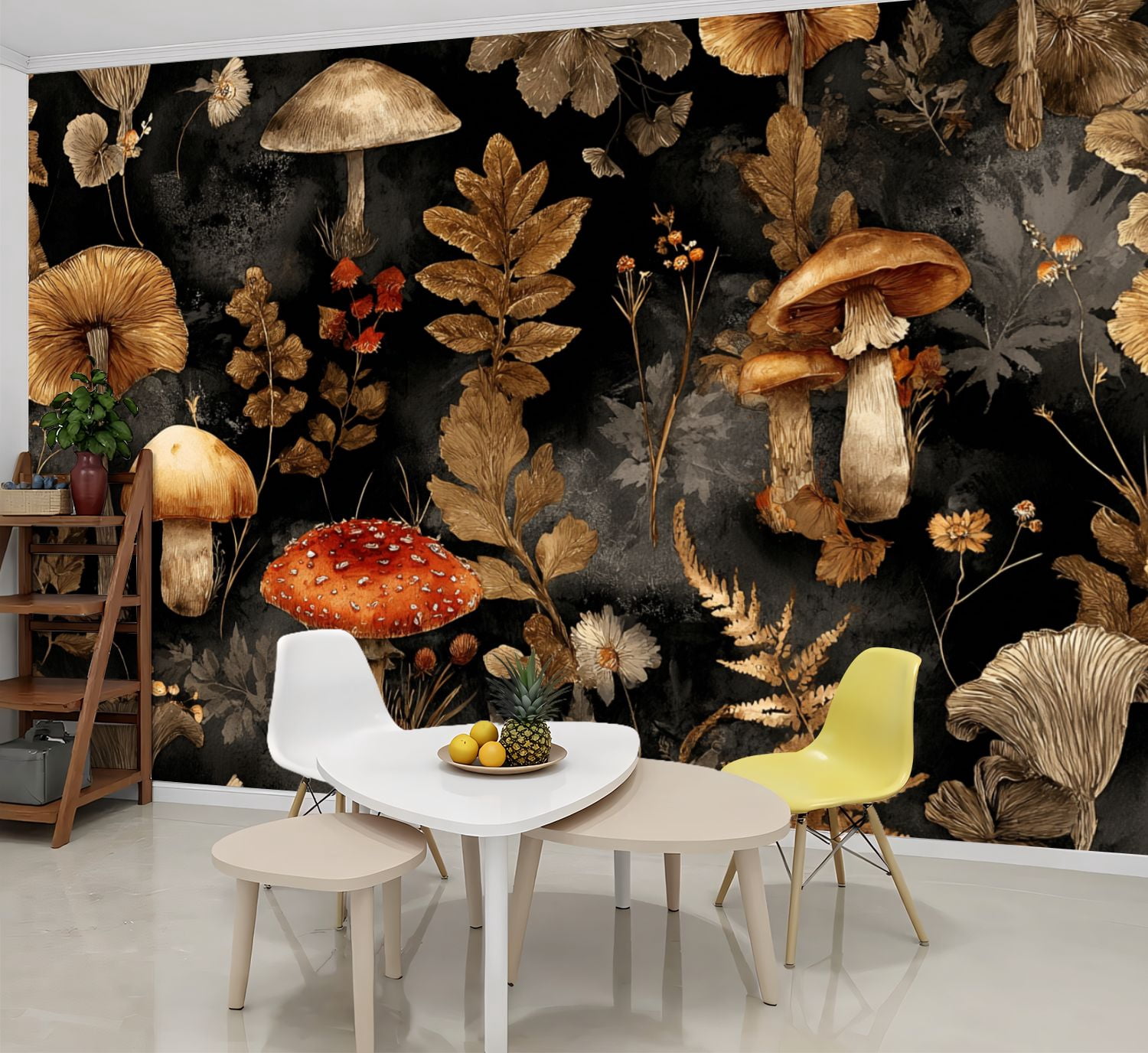 Wallpaper Mushroom Boho Black Brown Mushroom Forest Vintage Peel and ...